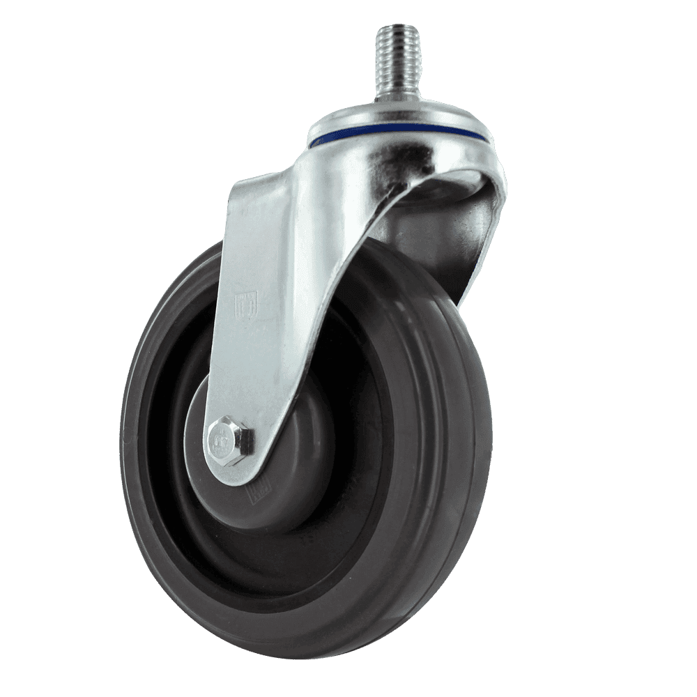 Industrial caster wheel with metal mounting and rubber tire for heavy loads.