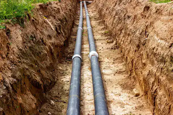 Two large black pipes, part of a sewer line installation, are laid parallel in a trench dug into the earth, surrounded by dirt and grass in Philadelphia, PA.