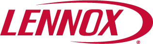 Lennox logo in red uppercase letters with a partial oval swoosh over the top and right side of the text.
