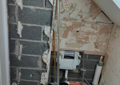 Bathroom demolition revealing exposed pipes and brick wall.