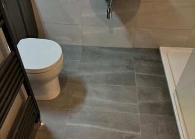 Modern bathroom with sink, toilet, shower.