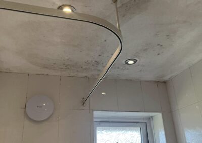 Bathroom ceiling with mold stains near window.