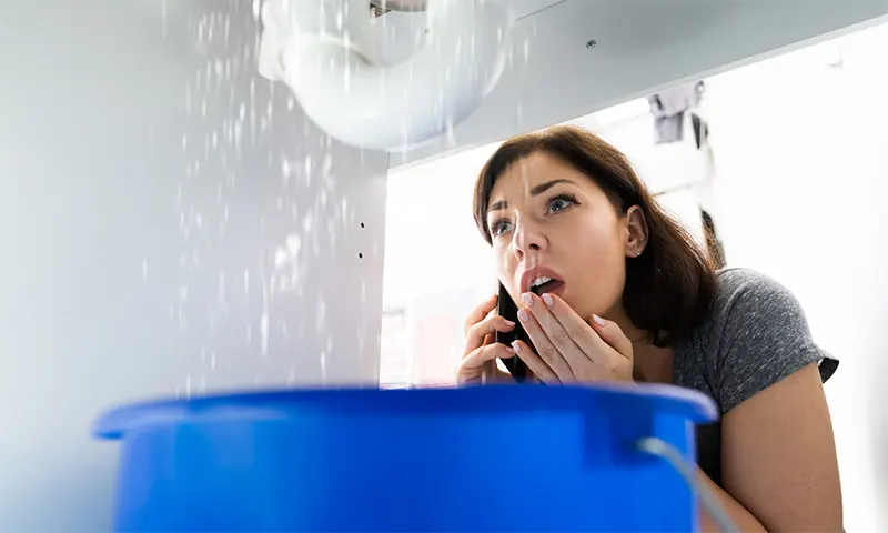 Woman calling plumber for leaking sink emergency.