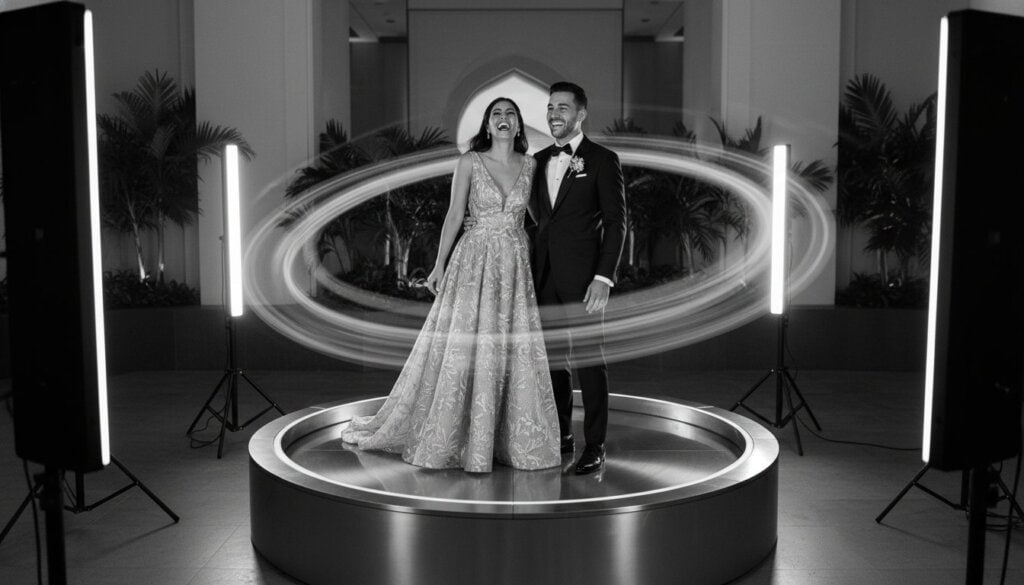 Stylish couple in formal attire at photo booth with dynamic light trails, wedding or event celebrati.