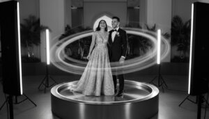 Stylish couple in formal attire at photo booth with dynamic light trails, wedding or event celebrati.