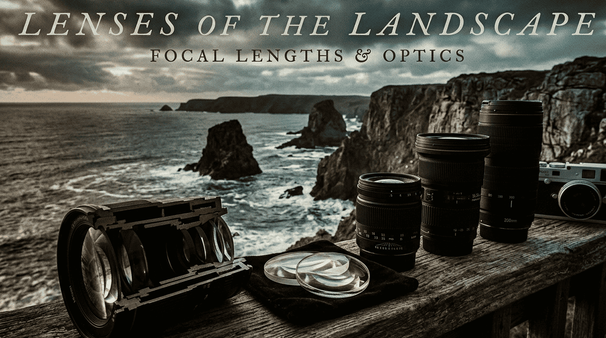 Fine art camera lenses and optics overlooking a dramatic high-contrast coastal landscape, illustrating focal length selection for landscape photography