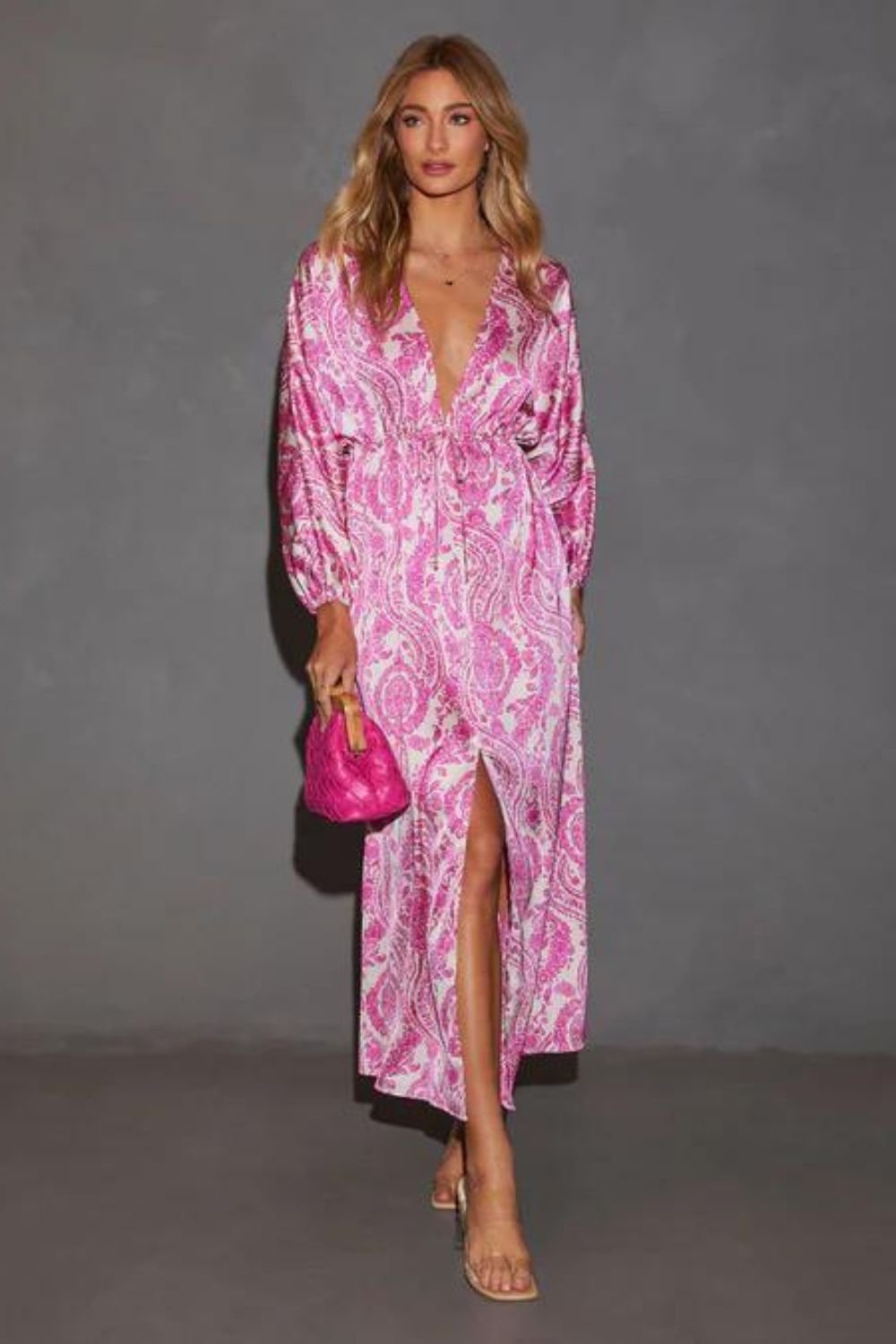 Korina Satin Printed Kimono Empire Waist Maxi Dress
