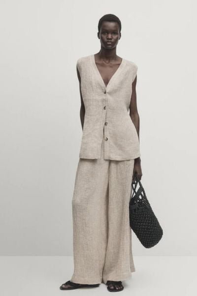 100% Linen Waffle Knit Wide Leg Trousers
