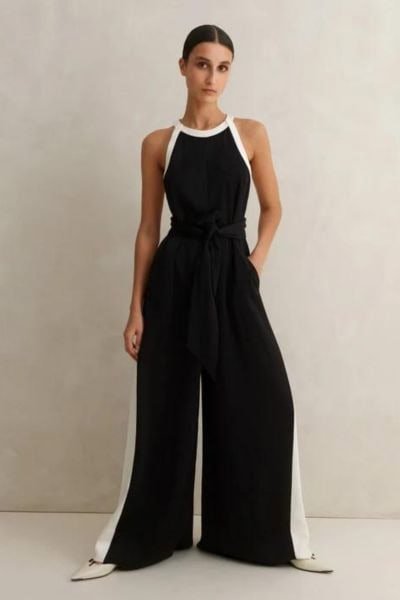 Monochrome halterneck jumpsuit and belt