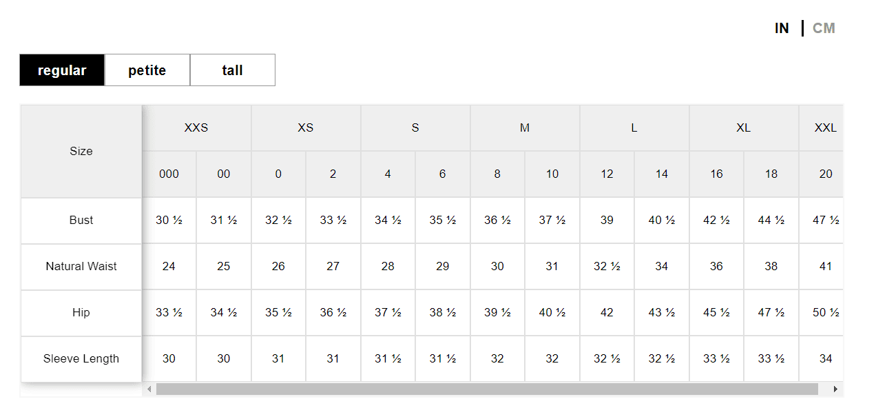 Banana Republic Sizing Guide