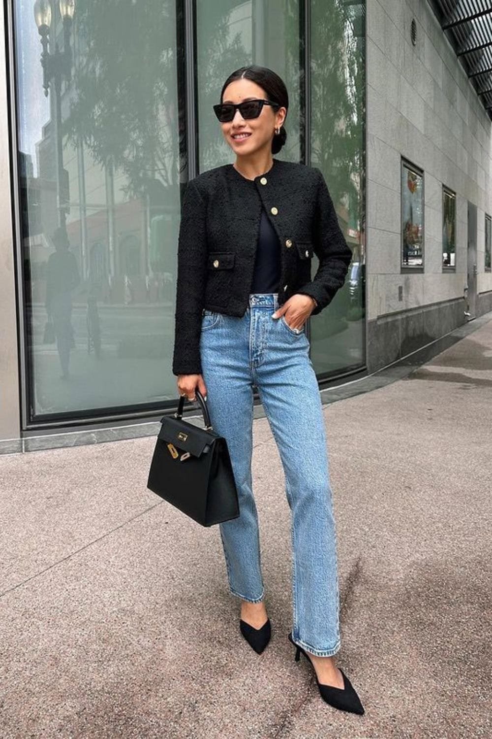 Jeans outfit for work black turtleneck blazer