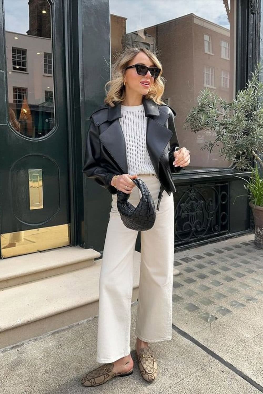 Jeans outfit for work leather jacket knit sweater