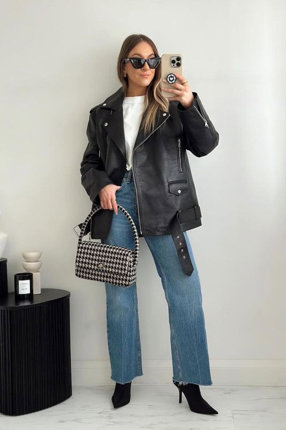 Jeans outfit for work leather motorcycle jacket
