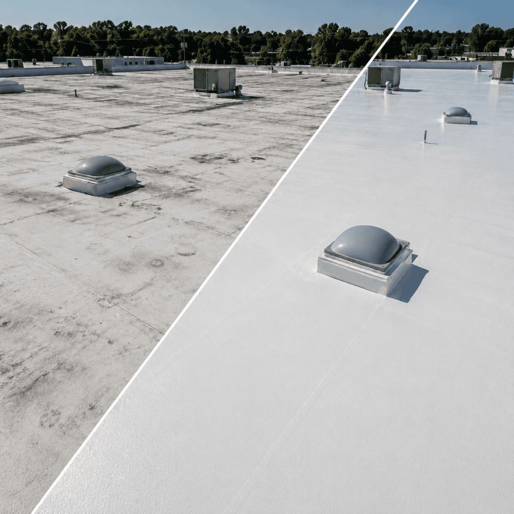 TPO flat roof before a restoration with silicone coating
