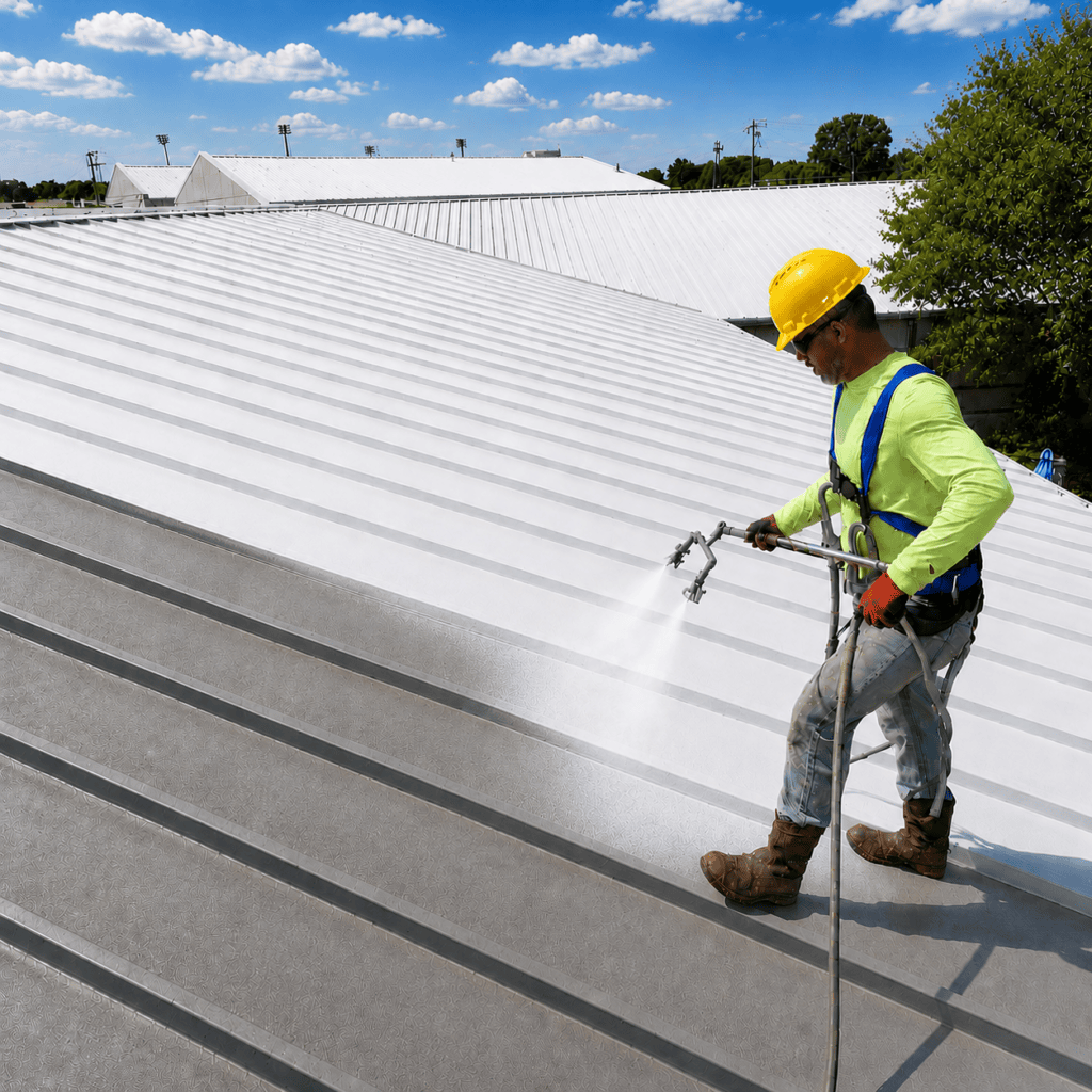 Worker applying white acrylic roof coating on a commercial roof