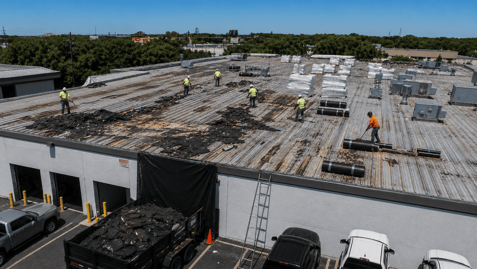 Commercial roof tear-off in progress