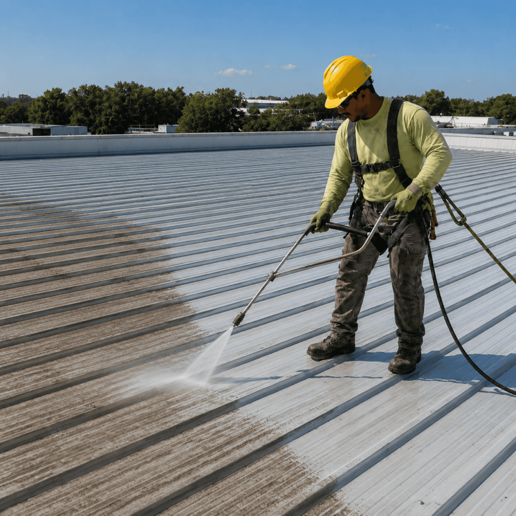 Pressure washing a metal roof before acrylic coating