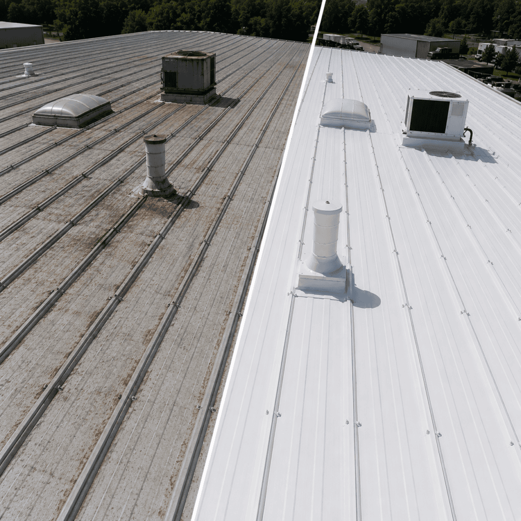 R-panel metal roof before and after acrylic coating