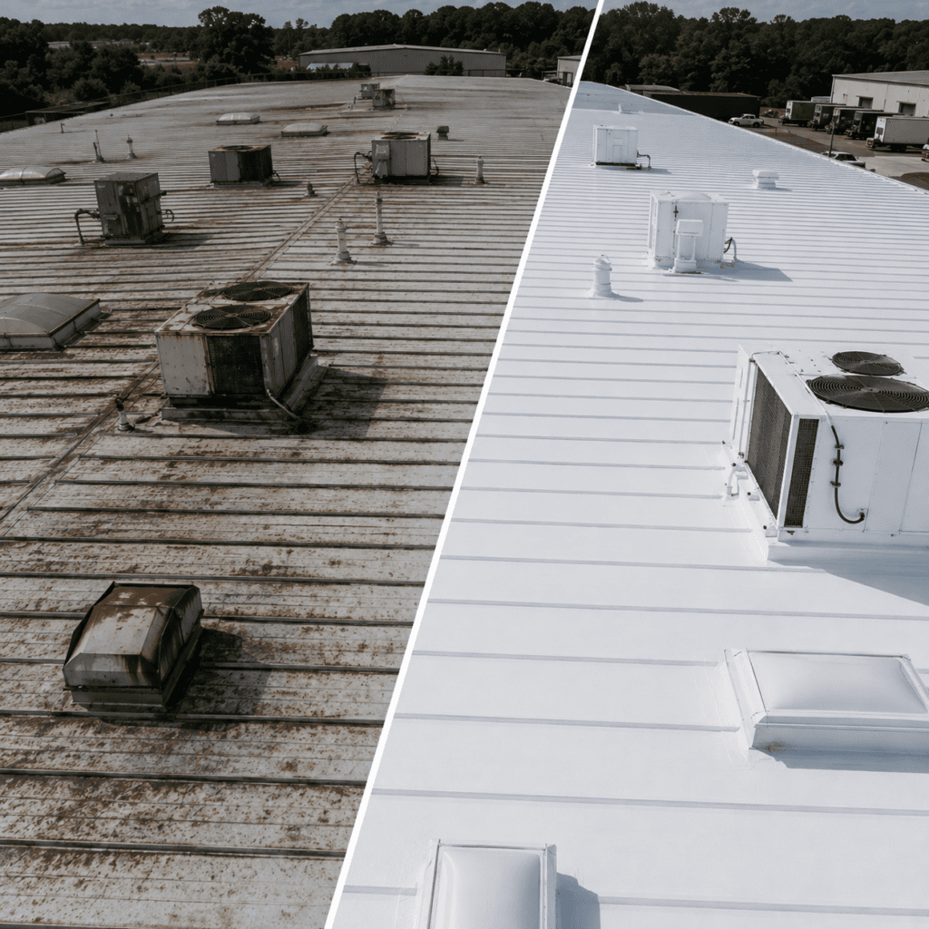 Standing seam metal roof before and after coating