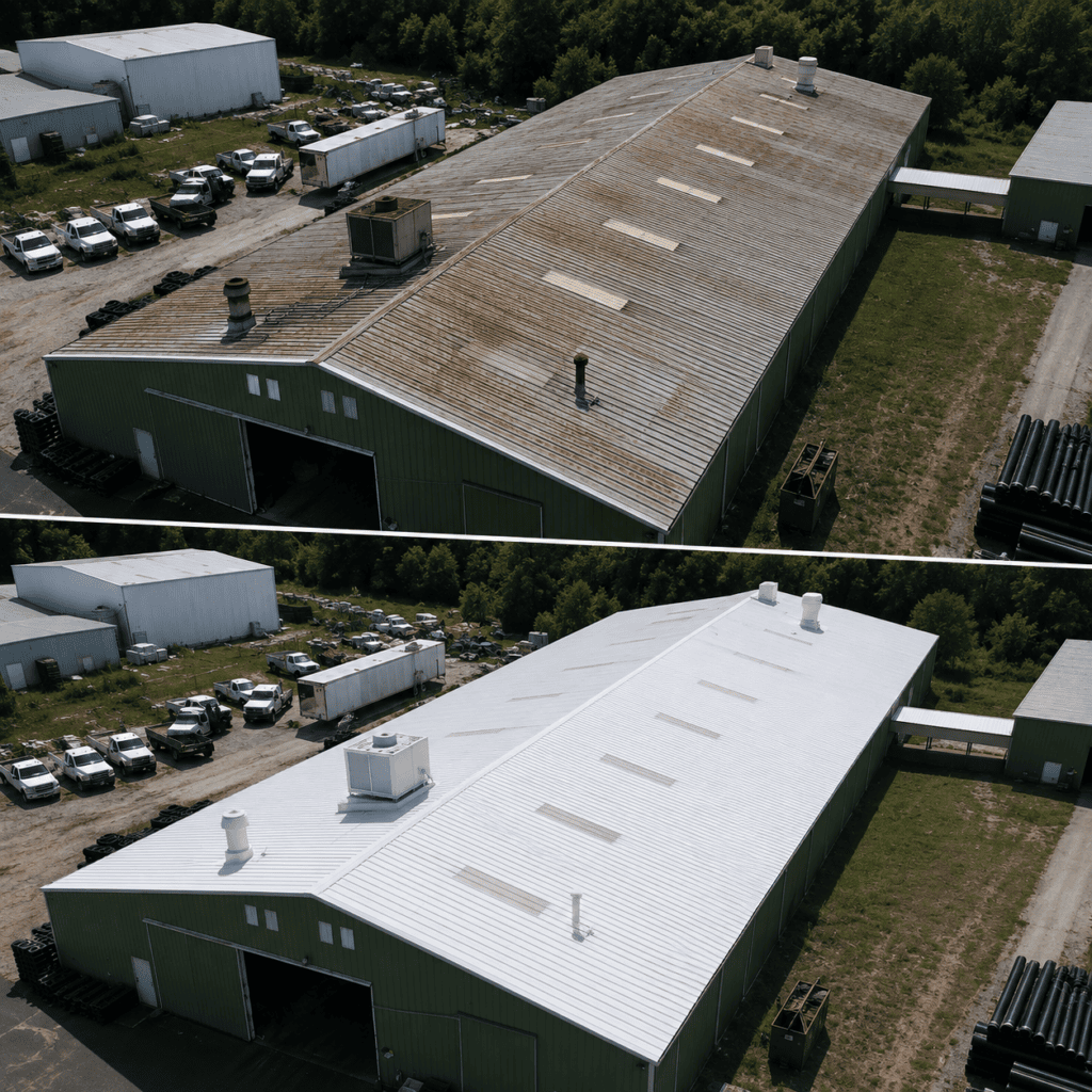 Warehouse metal roof before and after coatings