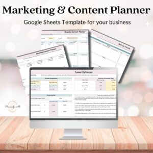 Marketing & Content Planner Google Sheets template for business, social media, blogging, marketing strategy, sales funnels, and campaign tracking, designed for entrepreneurs and digital marketers.
