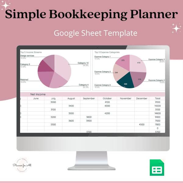 Pie charts and financial data on a computer screen of a bookkeeping planner template for small business income and expenses tracking.