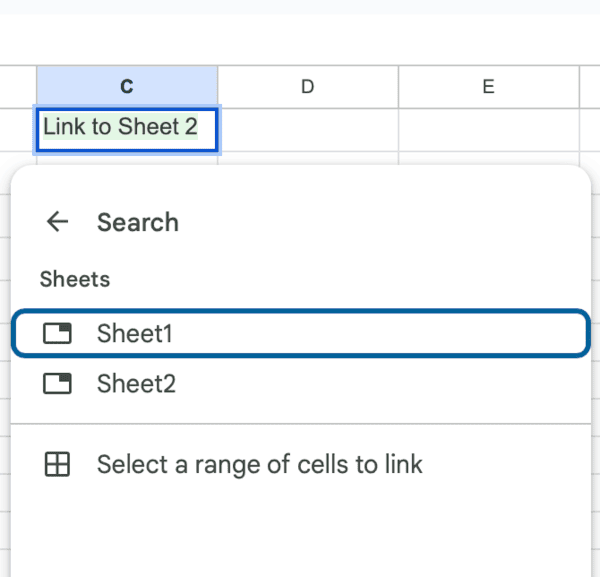 How to Insert Hyperlink in Google Sheets 4 Link to Sheet 2 in a spreadsheet application, showing the selection menu for linking sheets.