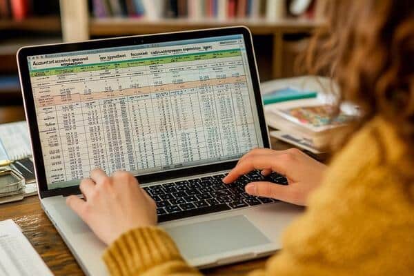 Person working on financial spreadsheets on a laptop, related to business planning and data analysis.