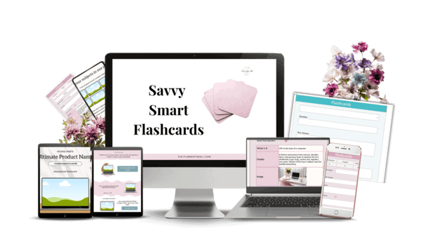 Everything Page 13 Digital bundle of Savvy Smart Flashcards displayed on various devices including a computer, tablet, and smartphone, with floral accents for a professional educational look.