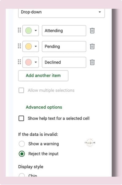 How to Add Dropdown in Google Sheets 2 Screenshot of Google Sheets dropdown menu with colored status indicators (Attending, Pending, Declined) and an 'Add another item' button, showing data validation features for RSVP-style lists.adding options