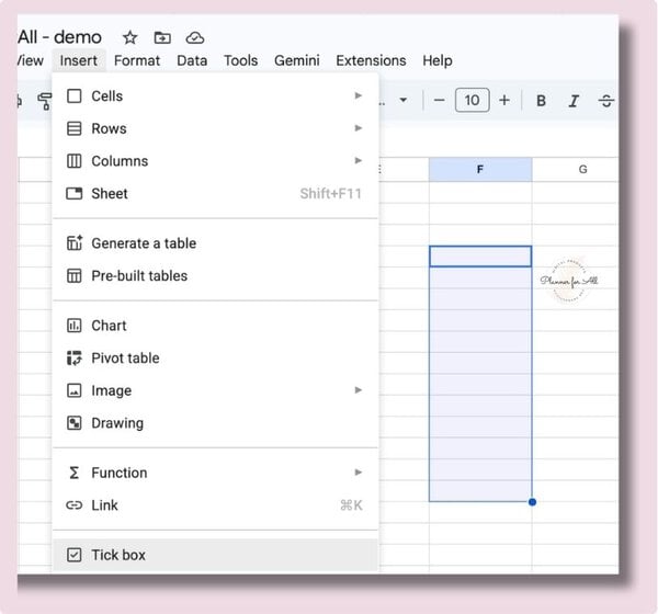 how to add checkboxes in Google Sheets