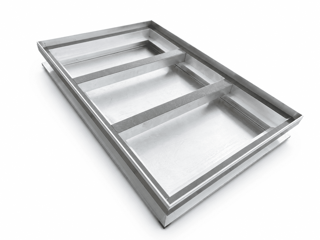 Zdjęcie osadnika aluminiowego, pod wycieraczkę aluminiową, która pełni funkcję wanny odpływowej, do gromadzenia wody i zanieczyszczeń, spod maty wycieraczki.