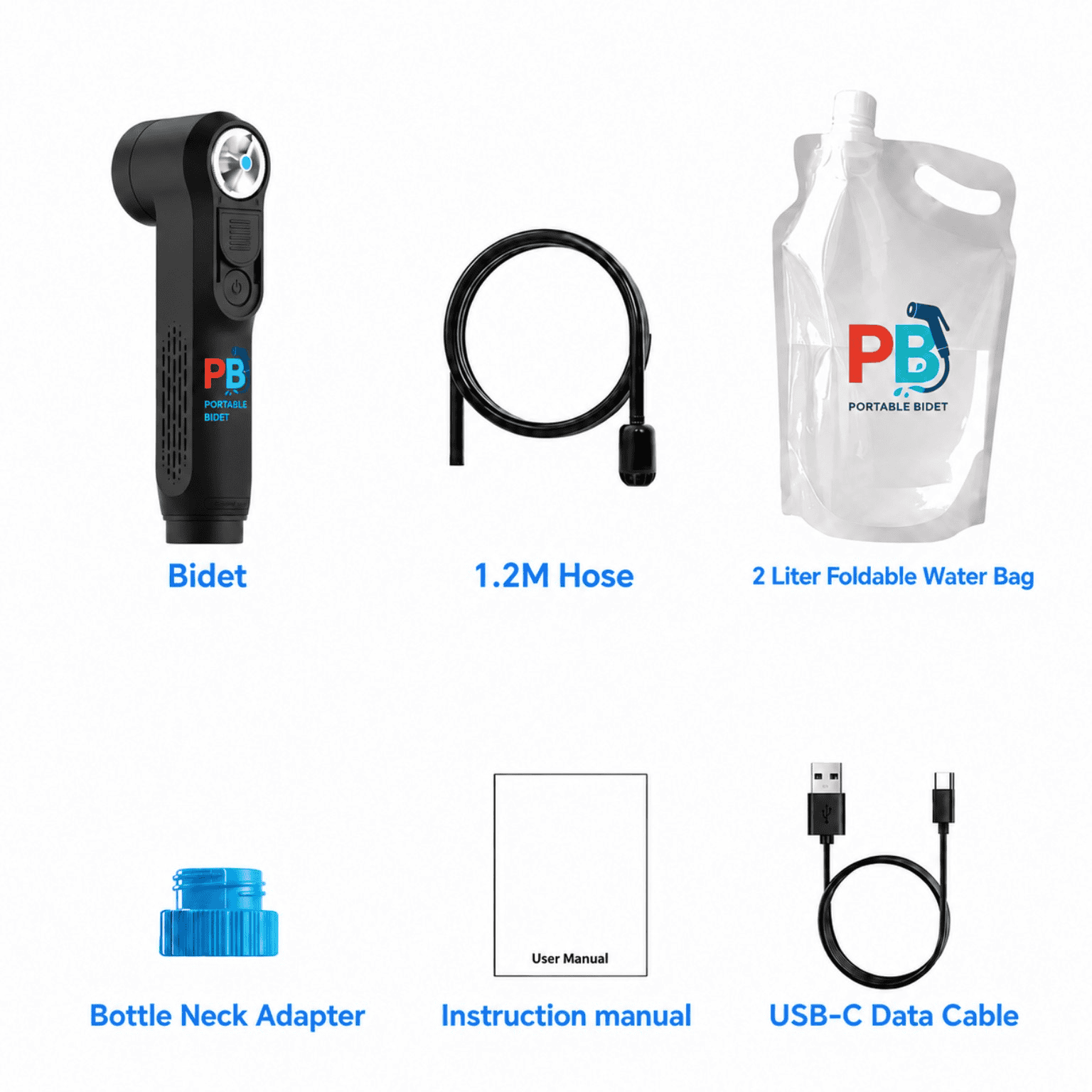 PortableBidet V2 kit contents with black bidet, 1.2 m hose, 2L foldable water bag, bottle adapter, manual and USB-C cable