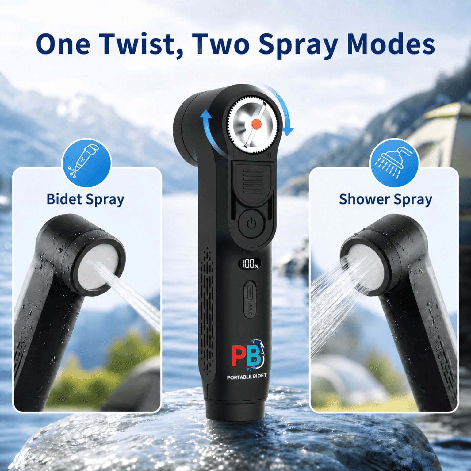 All-black PortableBidet V2 nozzle with bidet and shower spray modes