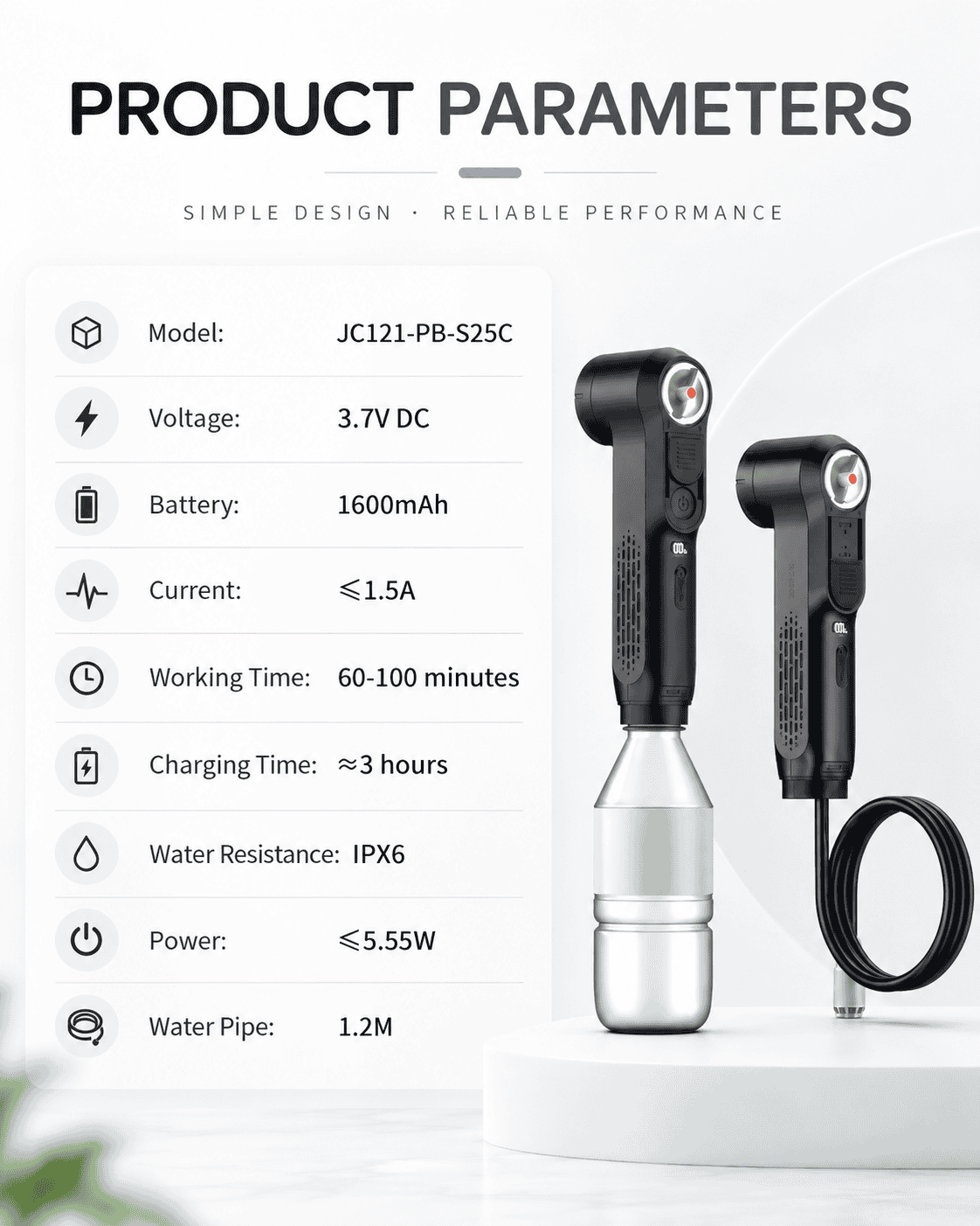 Product parameters graphic for the black handheld portable bidet showing Model JC121-PB-S25C, Voltage 3.7V DC, Battery 1600mAh, and Current less than or equal to 1.5A.