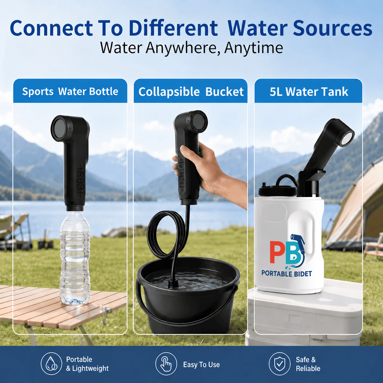 Graphic showing the black handheld portable bidet sprayer beside three labeled water sources: a sports water bottle, a collapsible bucket, and a 5-litre water tank.