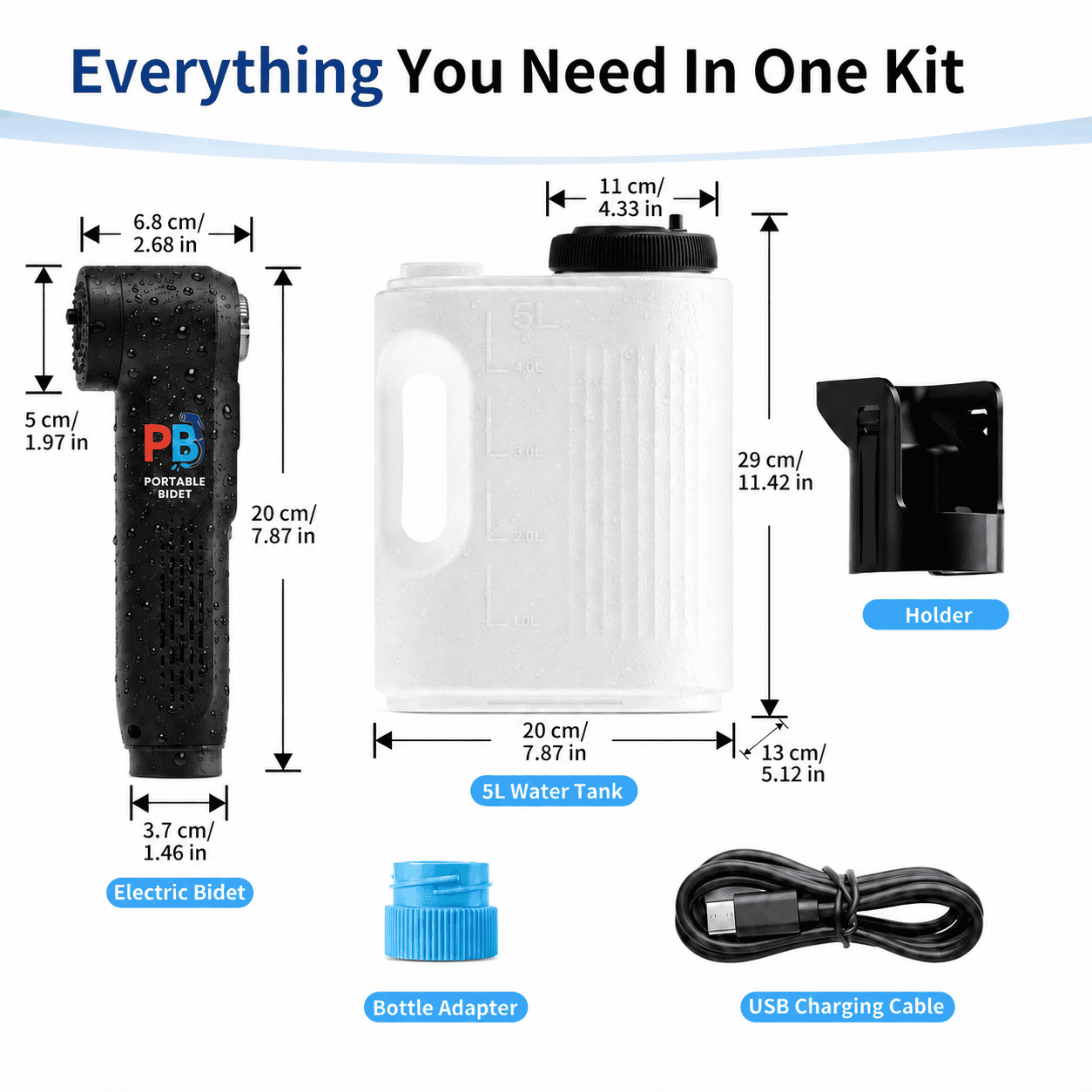 Dimension diagram of the portable bidet kit showing the black handheld sprayer, 5-litre water tank, and mounting bracket with size labels in centimetres and inches.