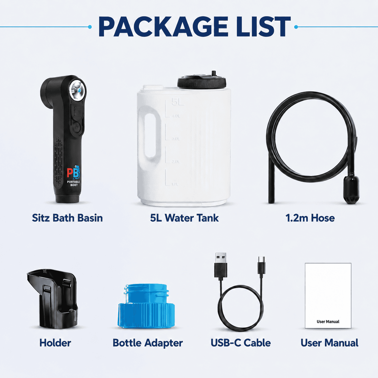 Package list graphic showing a black handheld portable bidet sprayer, a 5-litre water tank, and a coiled black hose on a light background.