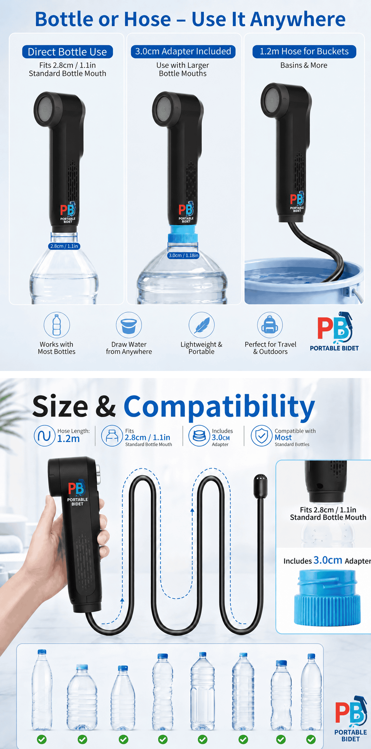 PortableBidet water source compatibility guide — bottle, hose and sizes