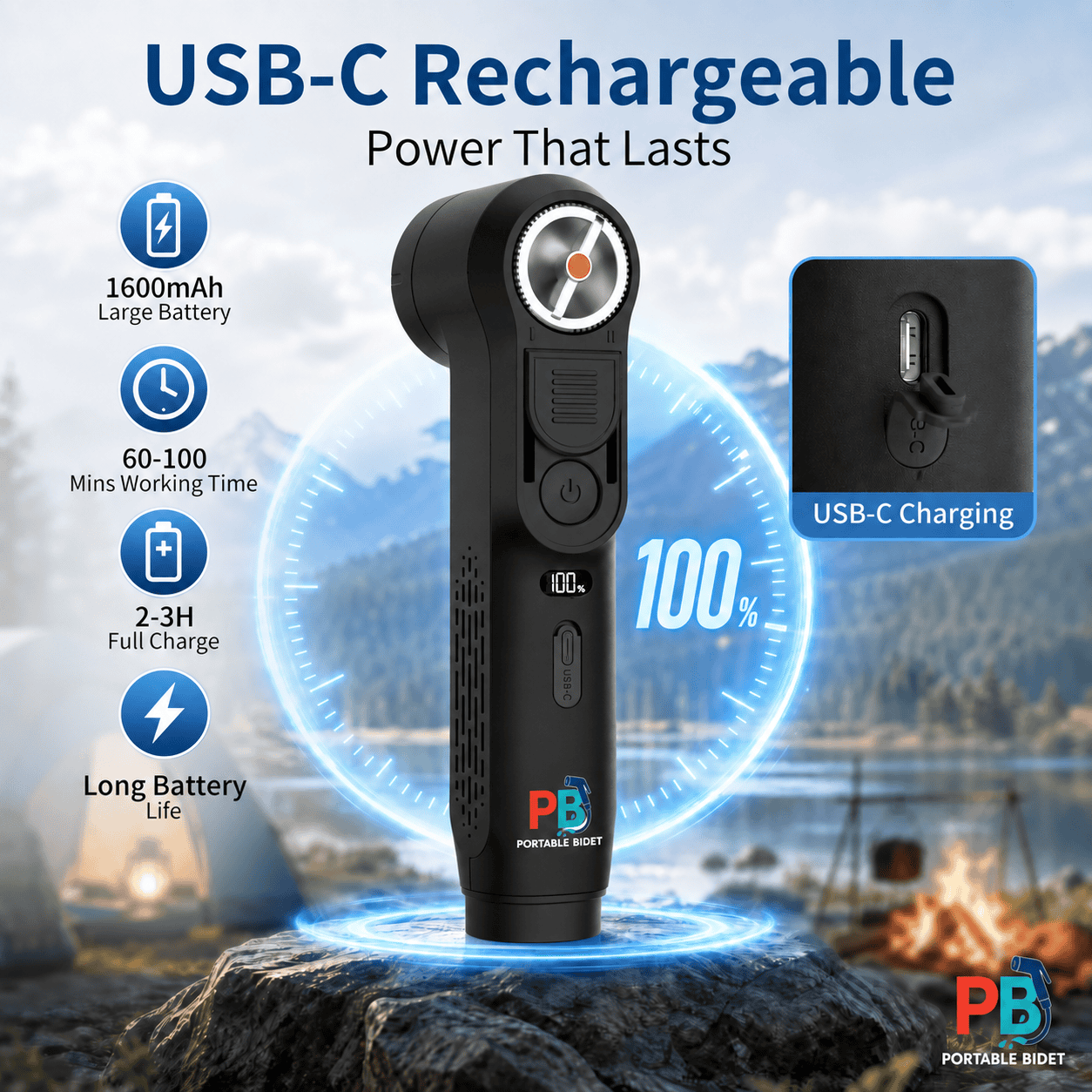 All-black PortableBidet V2 with USB-C charging and battery-life information