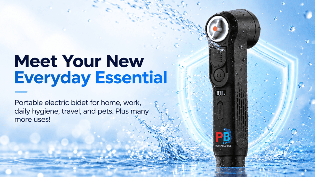 PortableBidet homepage hero banner reading 'Meet Your New Everyday Essential' showing a black portable electric bidet sprayer with water splashes and the text 'Portable electric bidet for home, work, daily hygiene, travel, and pets. Plus many more uses!'