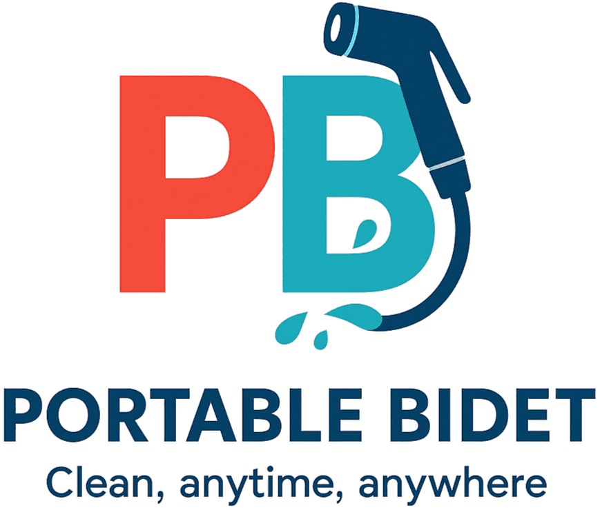 PortableBidet logo with red and teal PB letters, a bidet sprayer forming part of the design, and the text Portable Bidet below