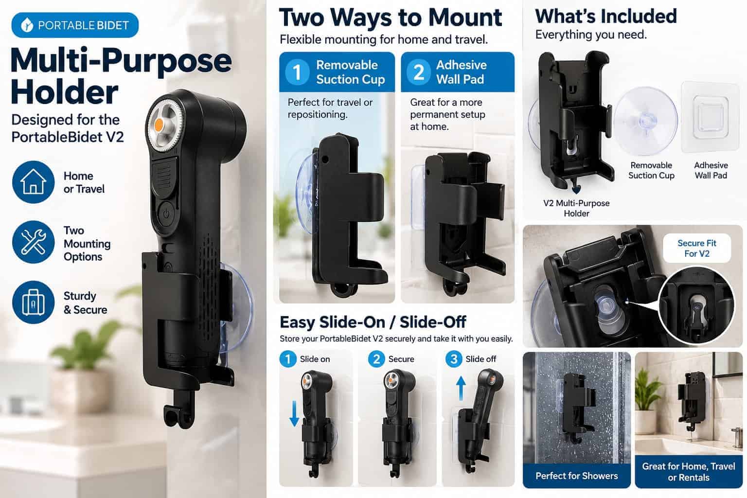 PortableBidet holder showing removable suction-cup mount and adhesive wall-mount options