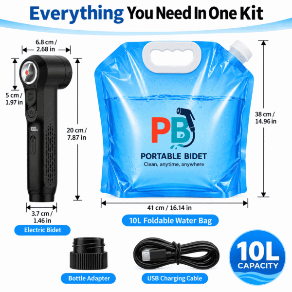 Portable Electric Bidet + 10L Collapsible Water Bag Bundle details
