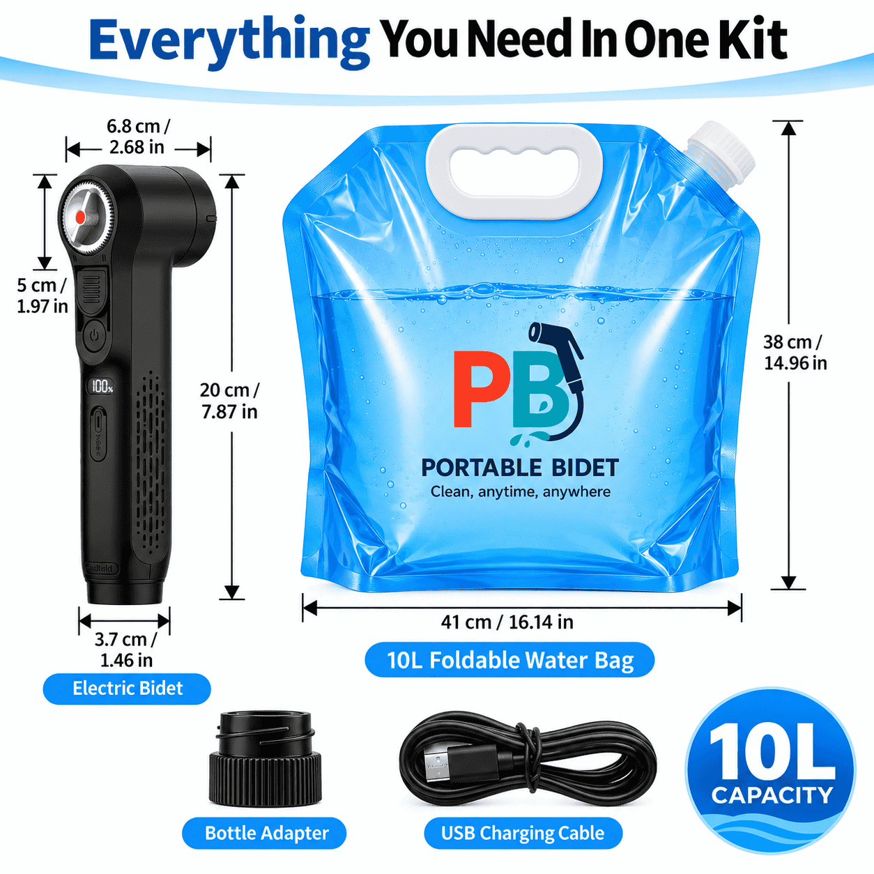 Portable Electric Bidet 10L bundle kit contents with black sprayer, collapsible water bag, hose and accessories