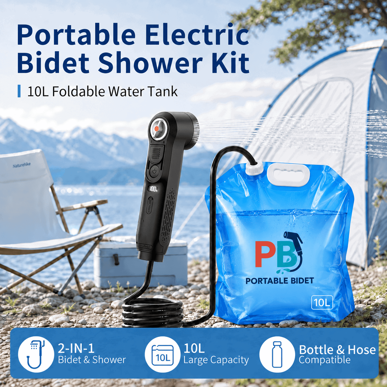 Black PortableBidet electric bidet with 10L collapsible water bag