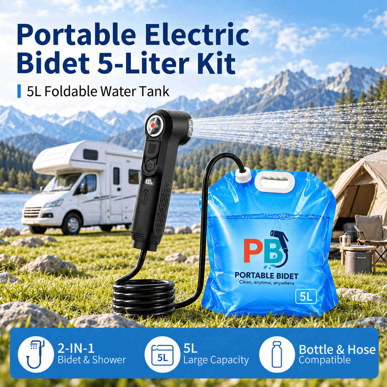Portable Electric Bidet with 5L collapsible water bag bundle