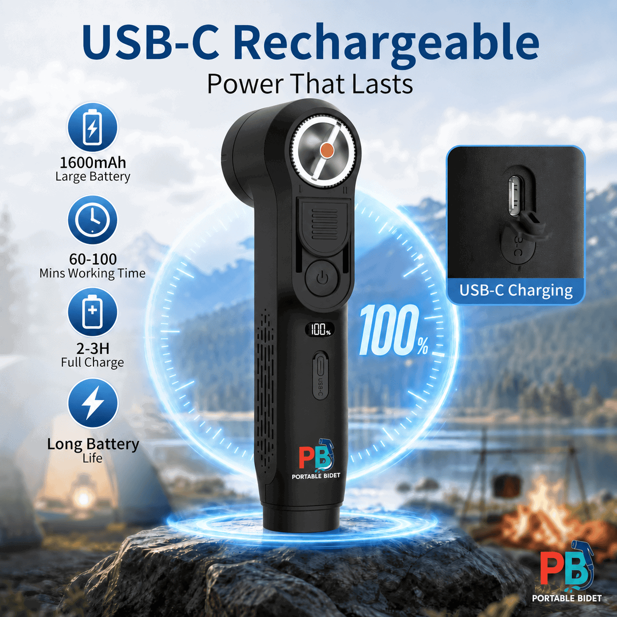 Black PortableBidet electric bidet with USB-C charging and 1600mAh battery information
