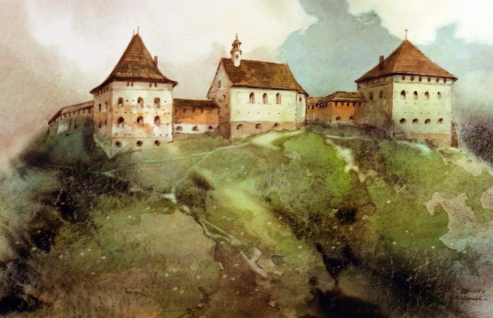 Історична фортеця на пагорбі з зеленими схилами, художній стиль.