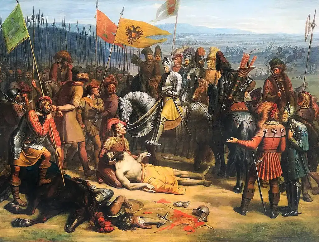 Битва під Оршею 1514 року, історична сцена з війною та прапорами.